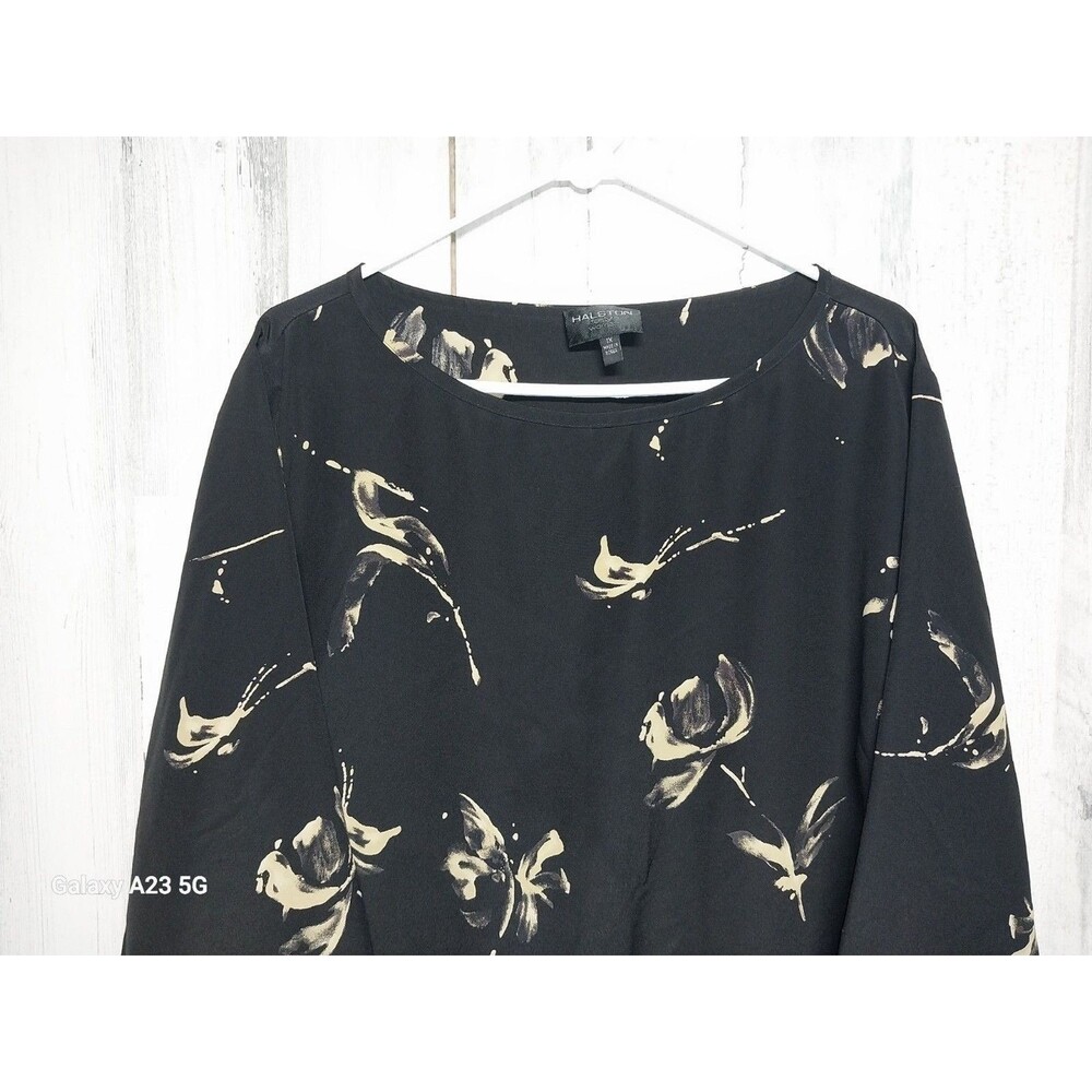 HALSTON Lifestyle Round Neck Top Black Beige Floral Sz 1X Cap Sleeve - Picture 3 of 6